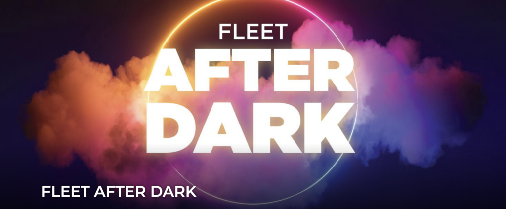 Fleet after dark written in bold letters. Surrounded by a dark circle and multi colored smoke.